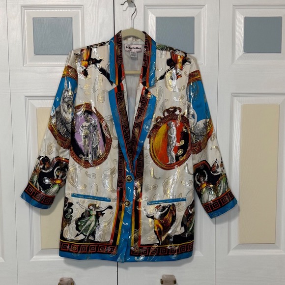 Zola Keller Vintage Silk Metallic Baroque Blazer Classical Art Greek Medusa Sm